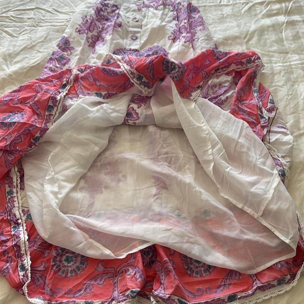 Boho Tiered Maxi Skirt in White with Purple Floral and Coral Border - Picture 6 of 15